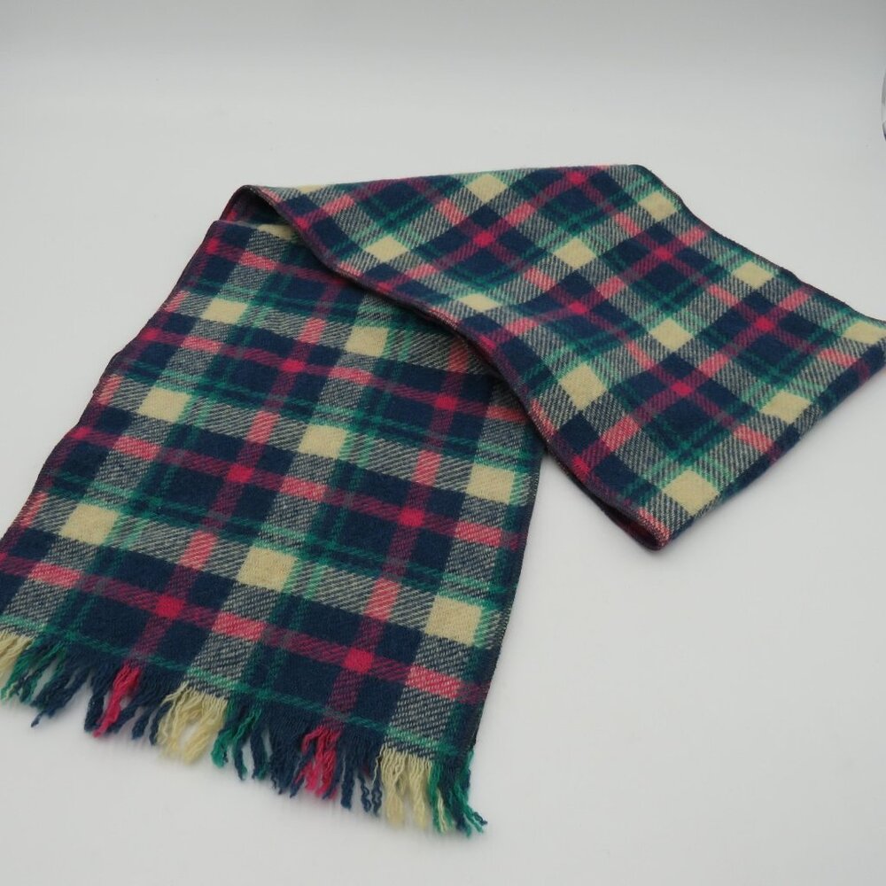 Vintage Woolrich Scarf Blue Red Green Yellow Plaid Wool Made in USA 90s